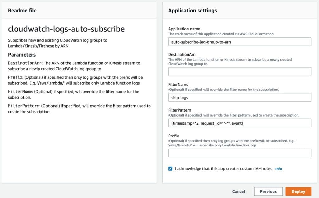 You can also specify a Prefix. If you only want to capture Lambda function logs, then you should set this to “/aws/lambda”.