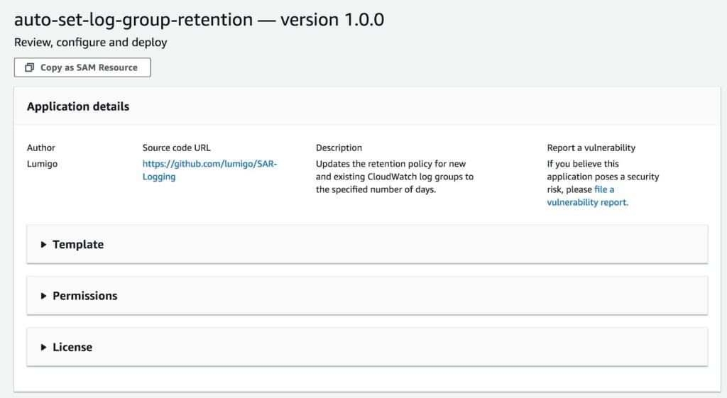 Details of the second open source SAR tool, auto-set-log-group-retention.