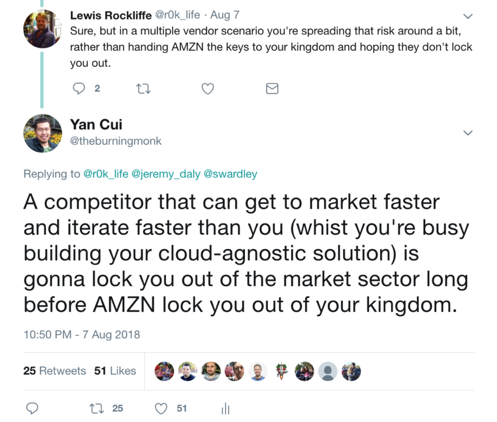 Opting for a multi-cloud solution to guard against serverless vendor lock-in will make it much more difficult to get to market quickly, and that's the real worst case scenario.