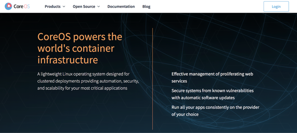 The website of CoreOS, which "powers the world's container infrastructure"