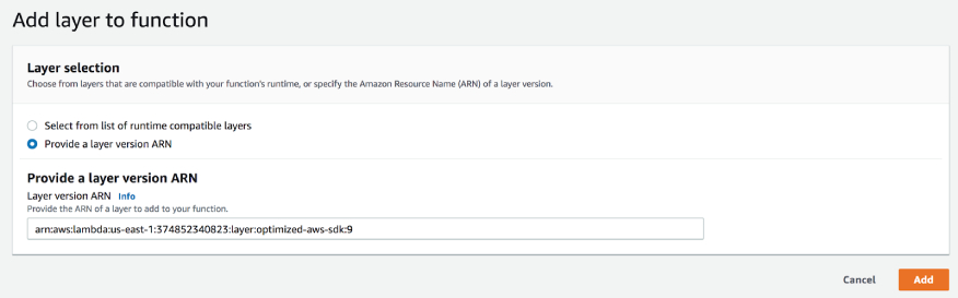 You can also add the Lambda Layer to your projects via the AWS Lambda console. This image shows how.