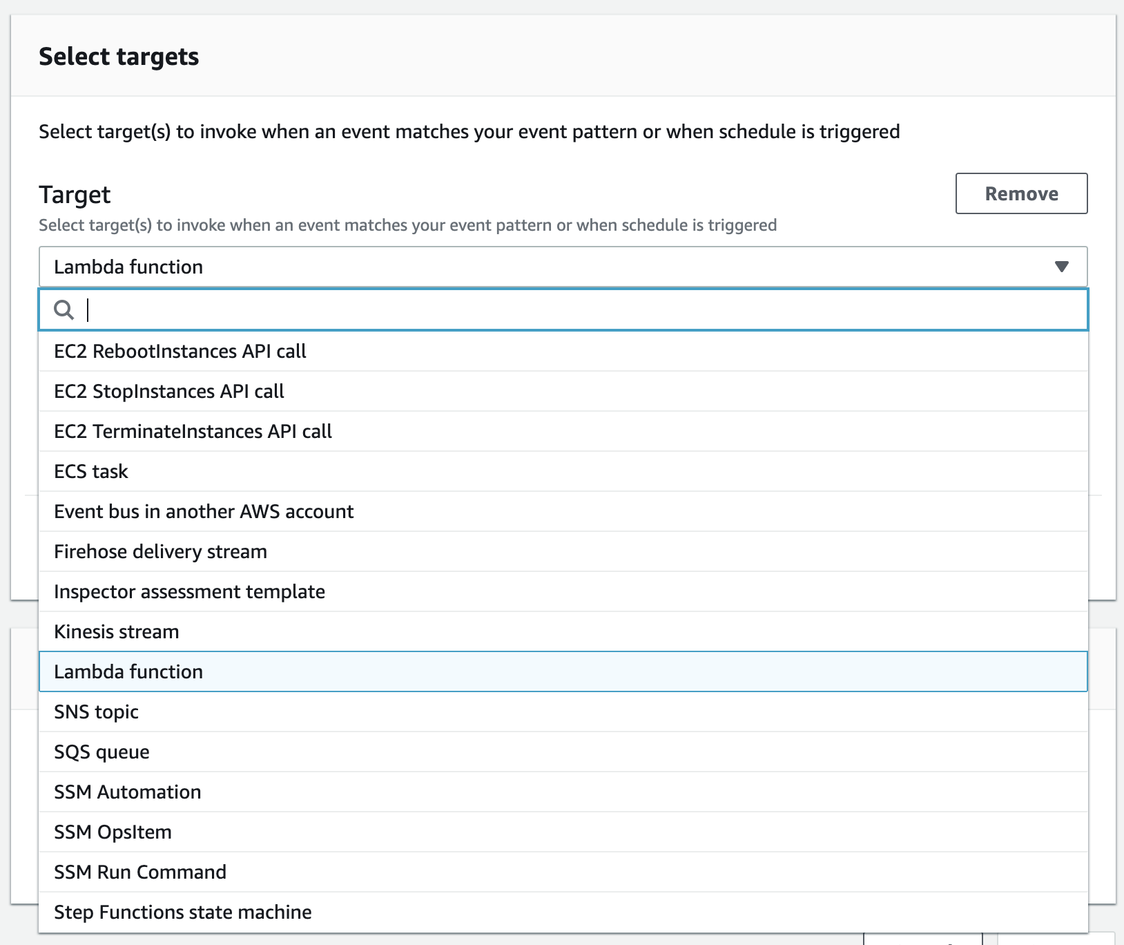 An image of the "Select targets" screen in AWS EventBridge.