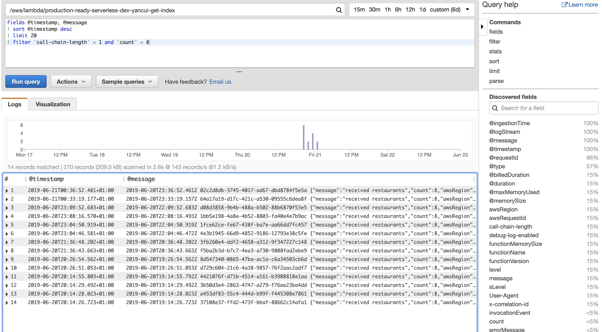 CloudWatch Logs Insights can even discover the fields in your JSON message, which you can then reference in your queries.