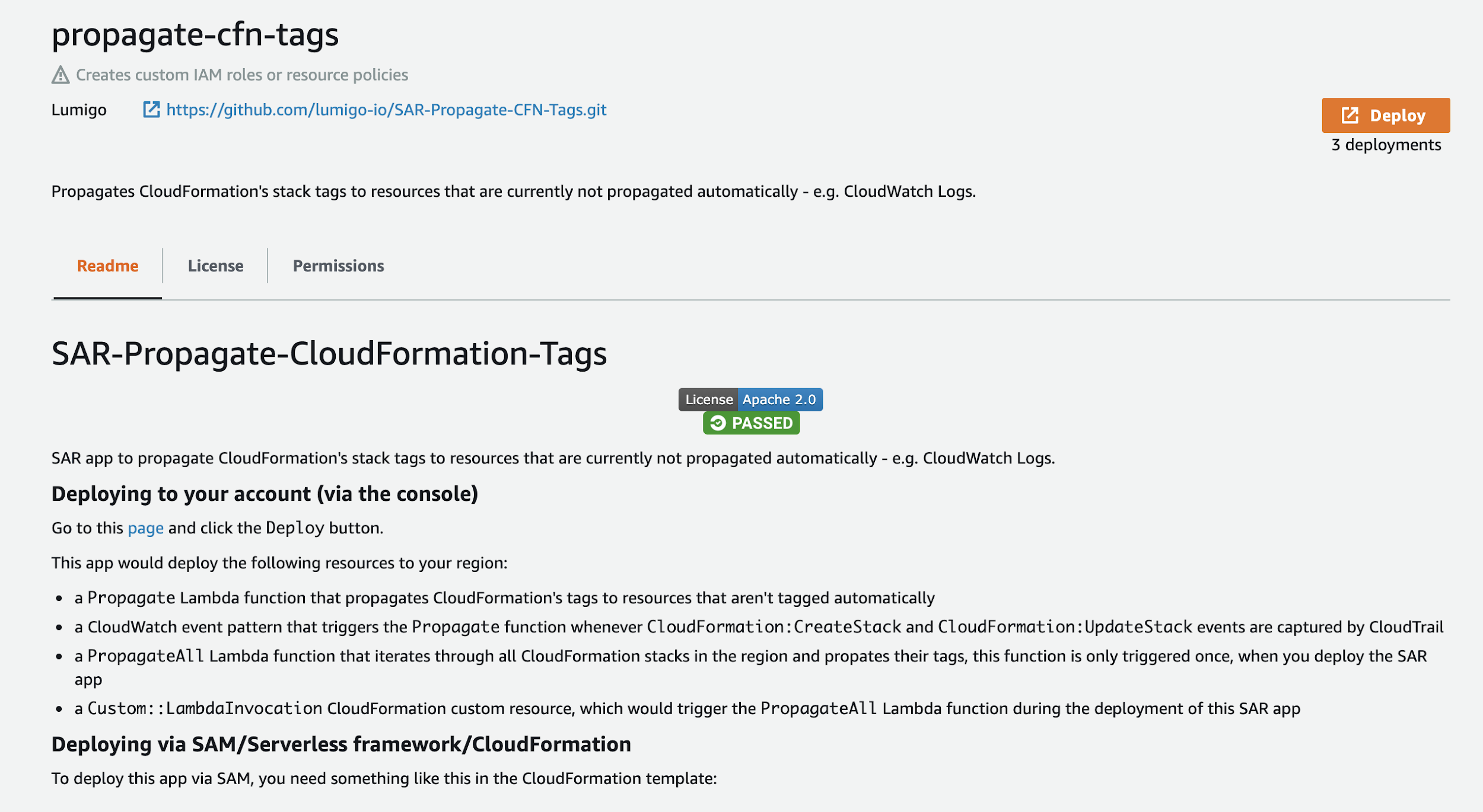 Deploying the CloudFormation Tags SAR manually via the AWS console.