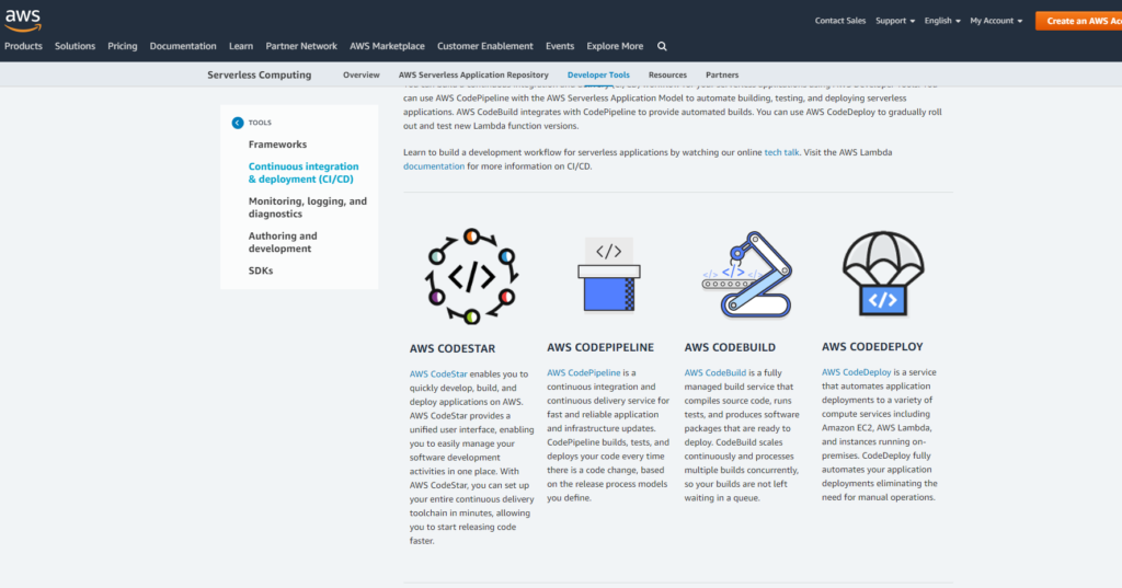 A screenshot of the AWS Serverless Application Developer Tools Compendium