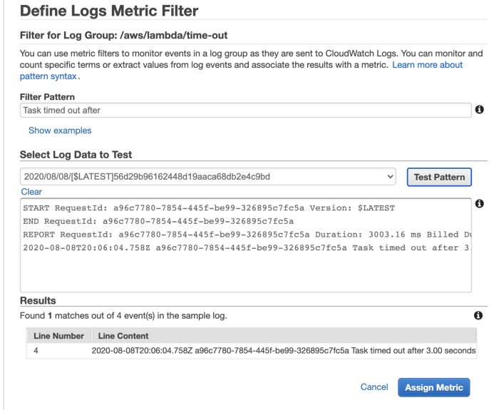 AWS Lambda metric filters