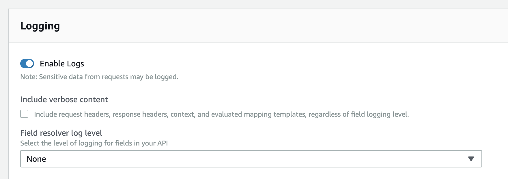 4 AppSync CLoudWatch Enable Logging without verbose content