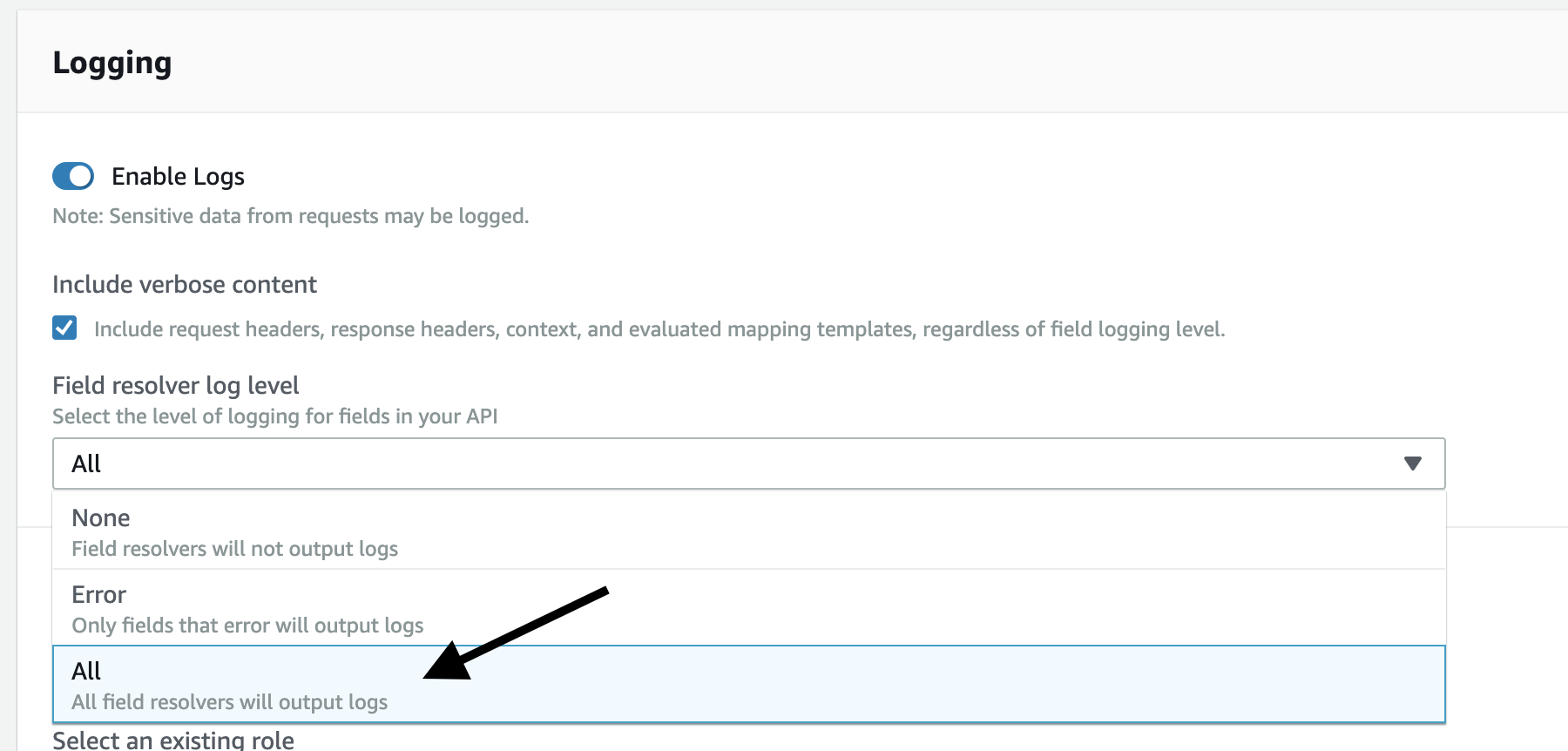 7 AppSync CloudWatch logging field resolver log level All