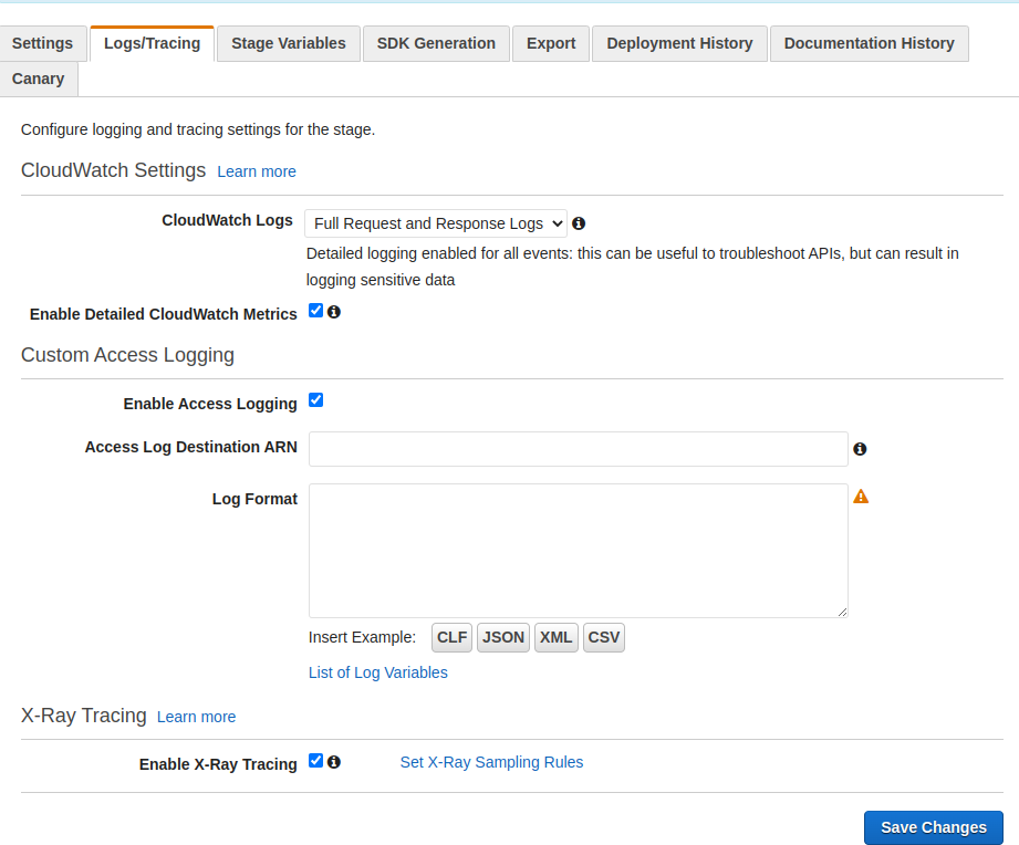 Figure 13: Enable Logs/Tracing in AWS API Gateway