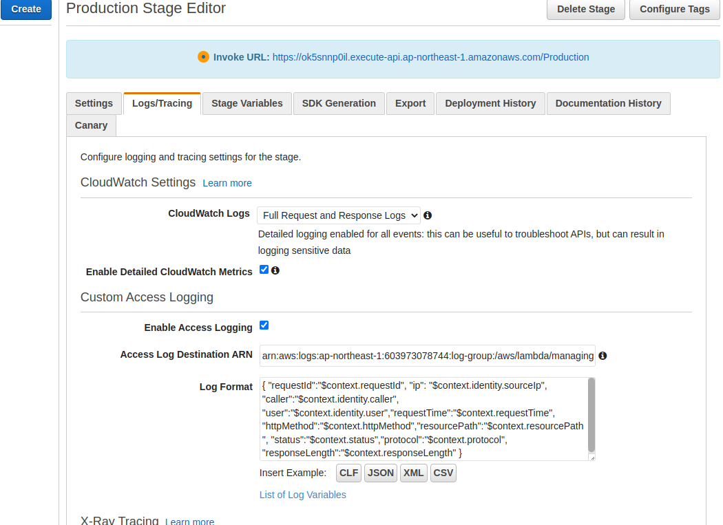 Figure 17: Enter the ARN Access Log and Log Format information in the Logs/Tracing tab of API Gateway