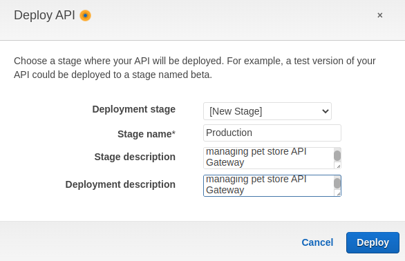 Figure 8: Deploy the new API Gateway stage named “Production”