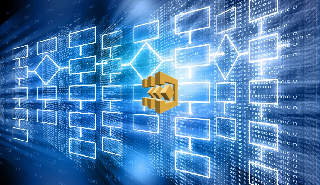 Example of a visual flow chart with the AWS Step Functions logo